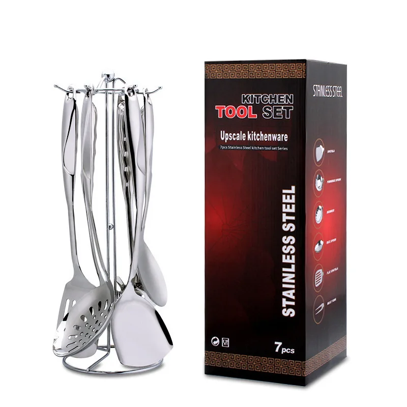 

Customizable Stainless Steel Kitchenware Seven Sets Spatula Ladel Kitchen Supplies Heat Resistant Hollow Handle Colander Wholesa