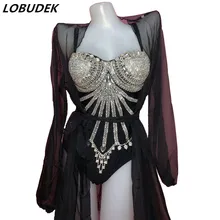 Блестящие стразы, черный комбинезон, сетчатый длинный плащ, наряд для женщины, певицы, одежда для сцены, боди, юбка, 2 предмета, костюм для бара, ночного клуба