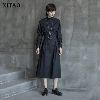 

XITAO Pleated Bandage Dress Women Korea Fashion Turtleneck High Waist Pullover Elegant 2019 Autumn Black Vintage Dress GCC1334