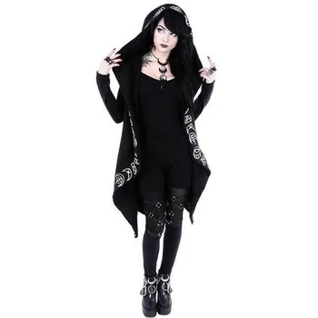 

Female Jacket Hot print cardigan Black Long Sleeve Punk Moon Print Hooded Black Cardigan Coat Plus Size for Women cosplay 9.3