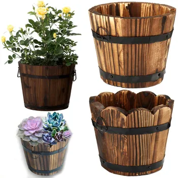 

Rustic Wooden Bucket Barrel Planters Flower Pots Container with Drain Hole for Patio Garden Outdoor Indoor Home Decoration