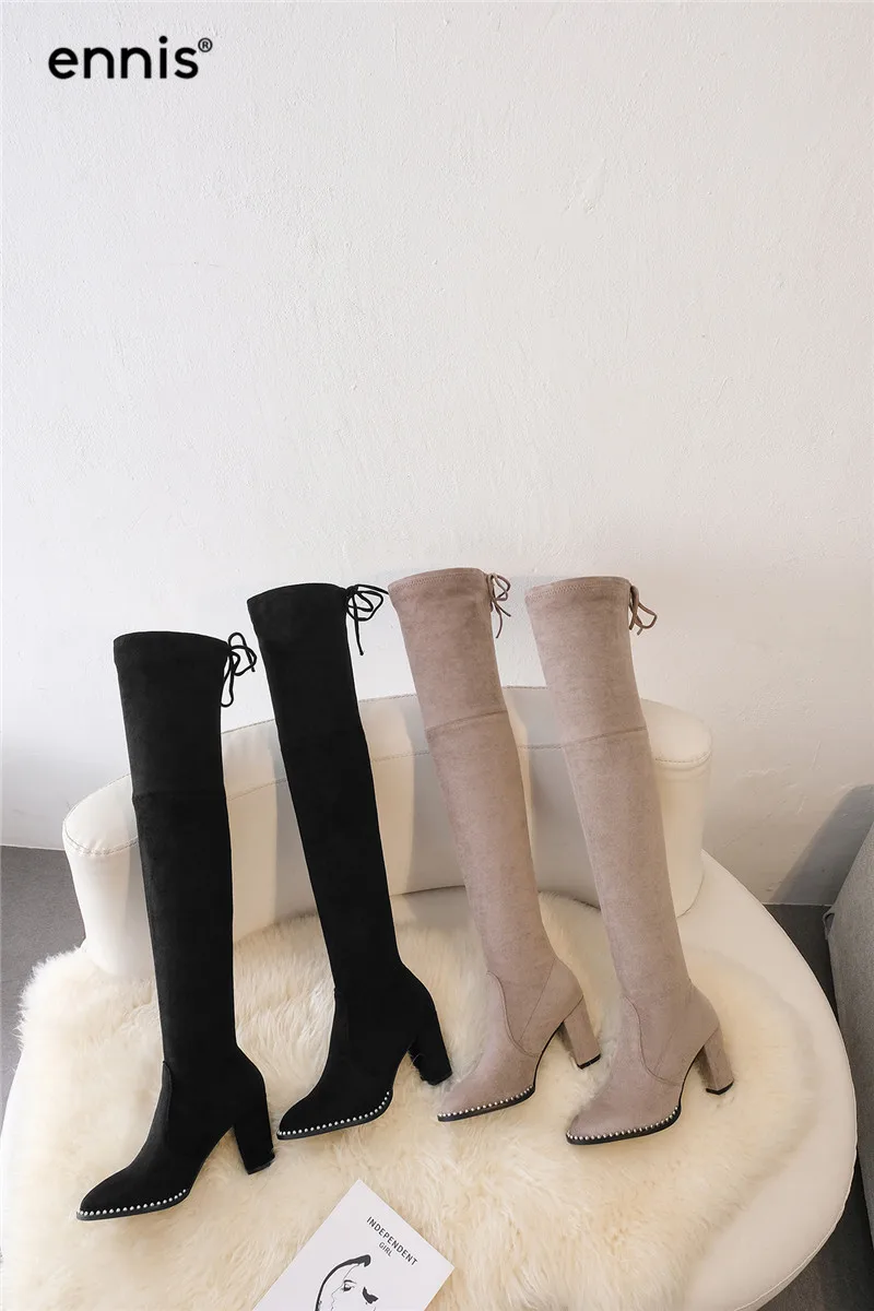 ENNIS Women Over The Knee Boots Pointed Toe Winter Boots High Heel Knee High Boots Slim Fit Autumn Flock Shoes Fashion L934