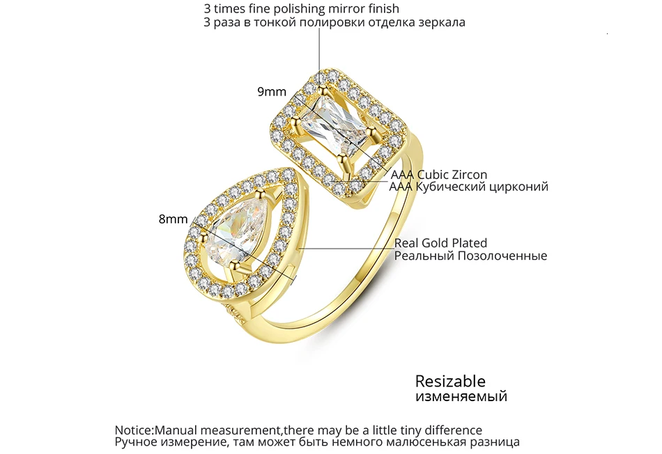 LUOTEEMI Stylish Heart&Square Resizeable Rings for Women Party with Clear AAA CZ Double Color Open Ring Fashion Jewelry Gift