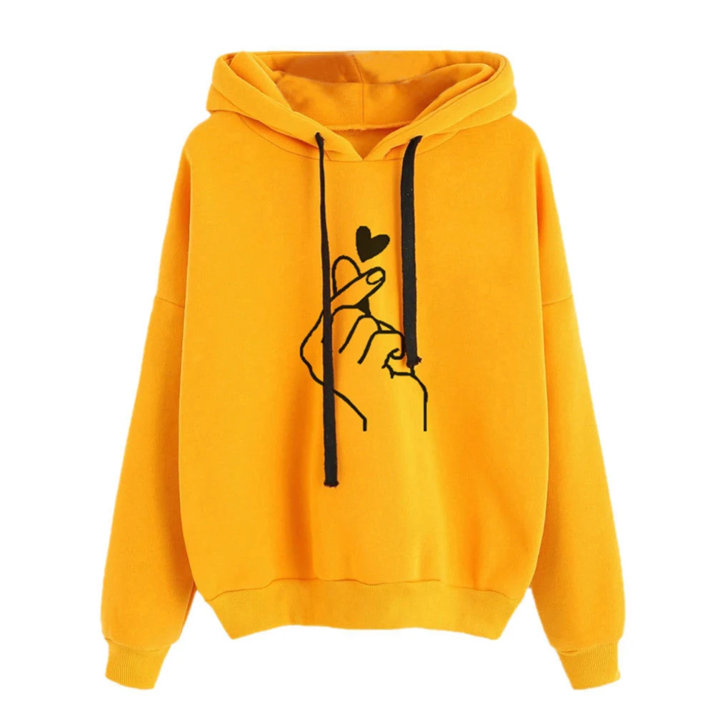 Hoodies Women Snap Finger Heart Print Long Sleeve Hooded Sweatshirt Top Casual Solid Color Sportswear S-3XL kpop худи женские