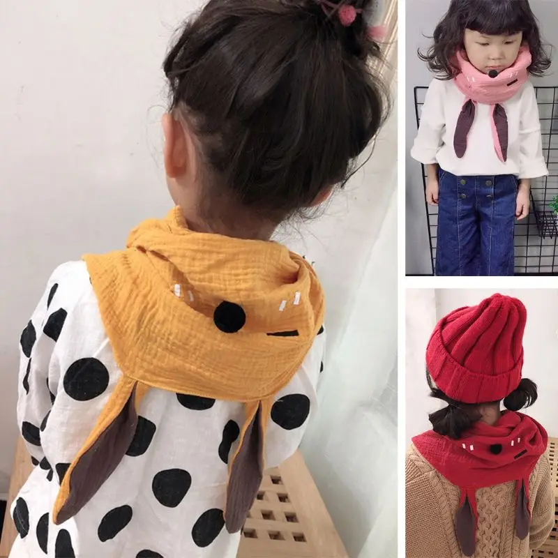 Мягкий детский хлопковый льняной зимний теплый шарф с длинными ушками кролика для девочек, Детский Повседневный шейный платок с воротником, 6 цветов
