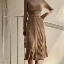 Зимний женский толстый свитер юбка эластичная высокая талия плиссированная трикотажная юбка женская однотонная элегантная плиссированная юбка