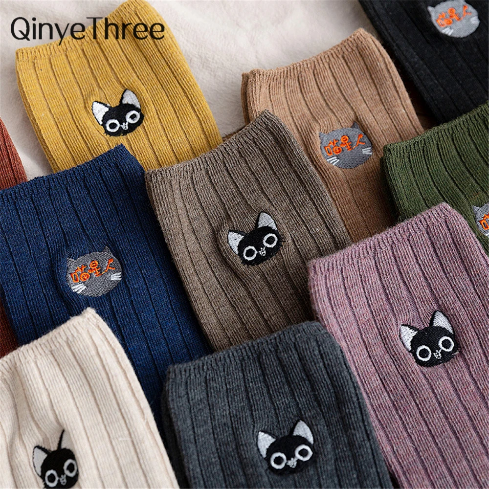 Новые женские мягкие хлопковые Дышащие носки с вышитым котом из мультфильма, модные носки с милым котенком, носки для молодых студентов в духе колледжа