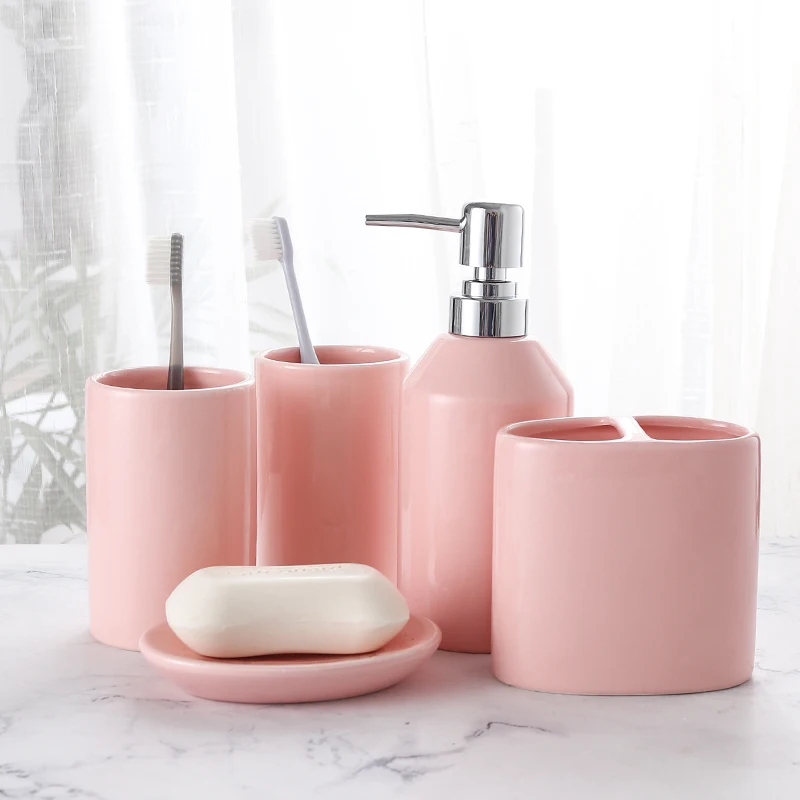 Розовый синий Керамика Аксессуары для ванной комнаты Набор 5 шт, 6 шт./компл. Чистка чашки комплект Ванная комната поставки Зубная щётка чашки меламин лоток