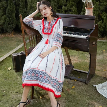 

Make video Scottish national printing tassel side with accept waist loose white dress for a holiday