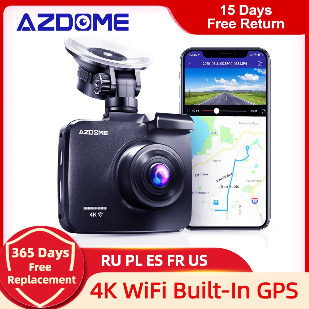 AZDOME 4K 2160P Dual Lens Built in GPS WiFi FHD 1080P Front + VGA Rear Camera Car DVR Recorder GS63H Dash Cam Night Vision