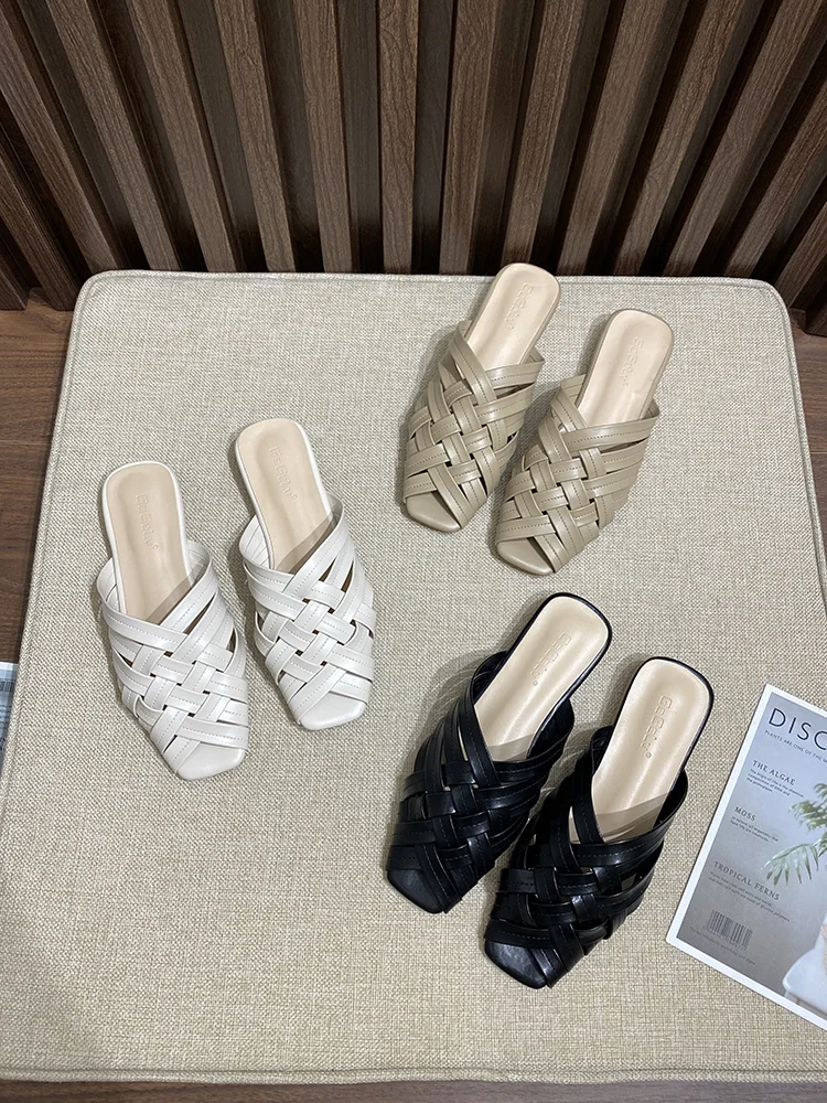 Мюли женские на квадратном каблуке мягкие туфли с открытым носком без задника