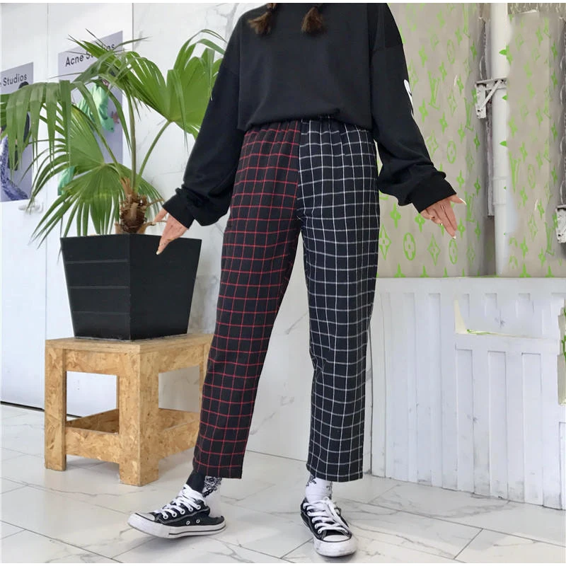 Vintage Plaid Patchwork Pants Harajuku Woman Trousers Elastics High Waist Pants Korean Causal Straight Checkerboard 2020 Autumn