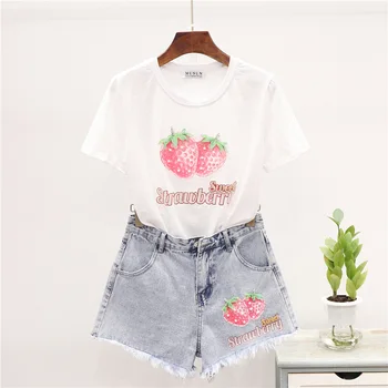 

Fashion Summer Women Letter Strawberry Print Cotton Tee shirt Denim Shorts Set Loose O-Neck T-shirt Short Jeans Pants Set Female