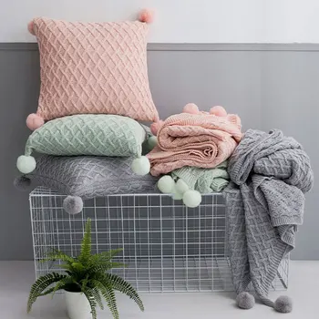 

Knitted Blanket Pillowcase Air Conditioner Nitrile Blend Woven Wool Ball Thread Blanket Solid Color Sofa Cushion Decor Lattice