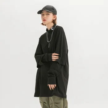 

Male Women Couple High Street Hip Hop Loose Tee Shirt Men Splice Long Sleeve Casual Turtleneck T-shirt