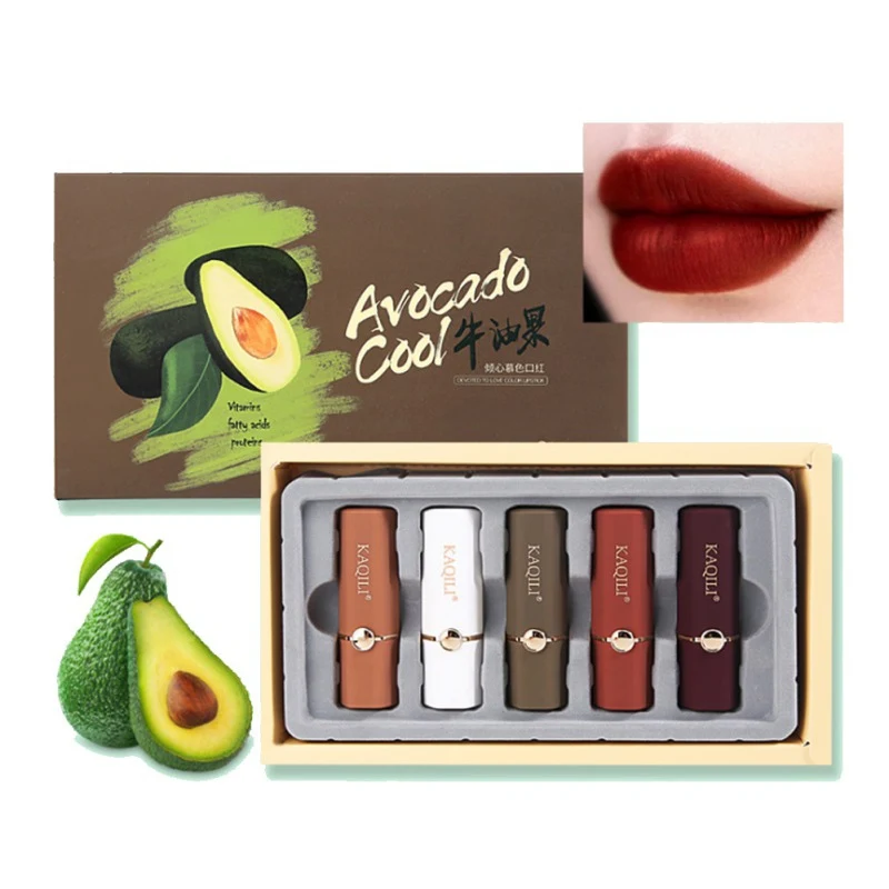 

5 PCS Waterproof long-lasting Avocado Lipstick Set Matte Lipstick Makeup Set Nude Beauty Lip Tint Hot Sale