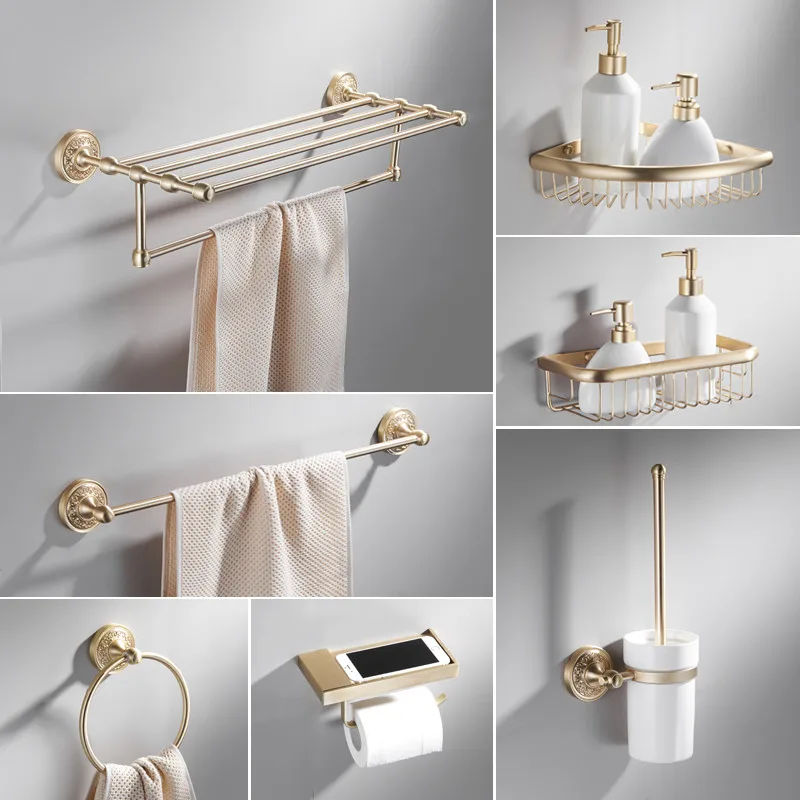 

Bathroom Accessories Set Brass Paper Holder Towel Bar Towel Rack Toilet Brush Holder Corner Shelf Bath Hardwre Set Brushed Gold