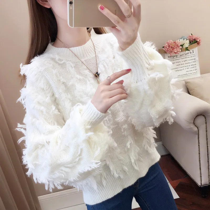 white pullover Woherb Элегантный Трикотаж пуловер женский сплошной цвет длинный рукав фонарь кисточка свитер женский свободный, в Корейском стиле Новые Топы 90750 - Цвет: white pullover