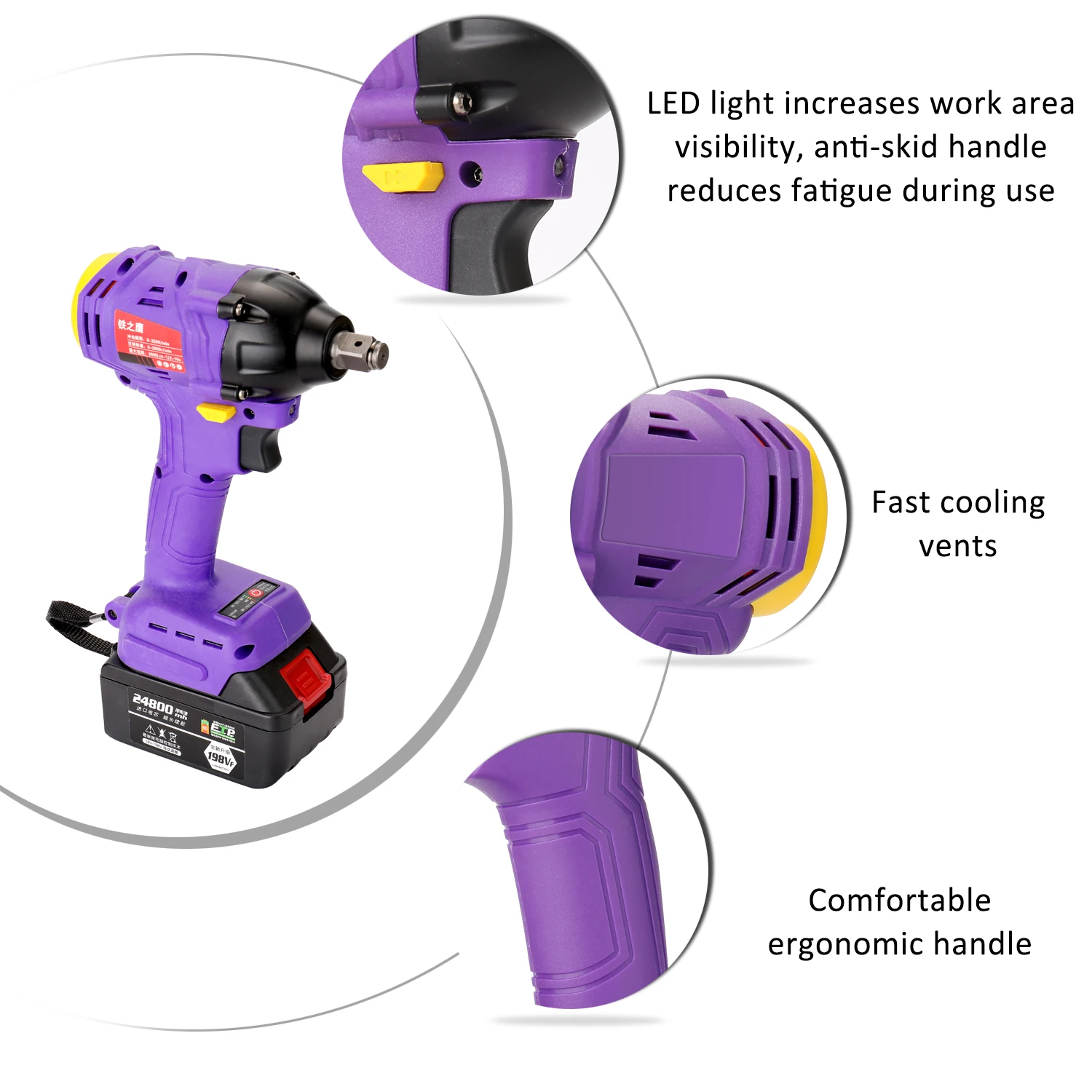 198VF 24800mAh аккумуляторная электрическая ключ, дюймовый стандарт 380Nm 3/8 дюймов драйвер 2-в-1 литий Батарея ключ, дюймовый стандарт бесщеточный ударный гайковерт с высоким крутящим моментом