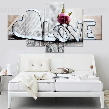 

Canvas HD Prints Pictures Living Room Wall Art 5 Pieces Love Romantic Words Painting Restaurant Home Decor Rose Poster