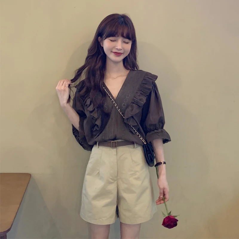 

New Oversize plaid Girls Summer blouse women suit short sleeves shirt Tops high waist Wide Leg Trousers two piece shorts suits