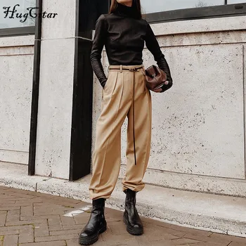 

Hugcitar 2020 high waist pleated flare pants spring summer women fashion streetwear outfits trousers