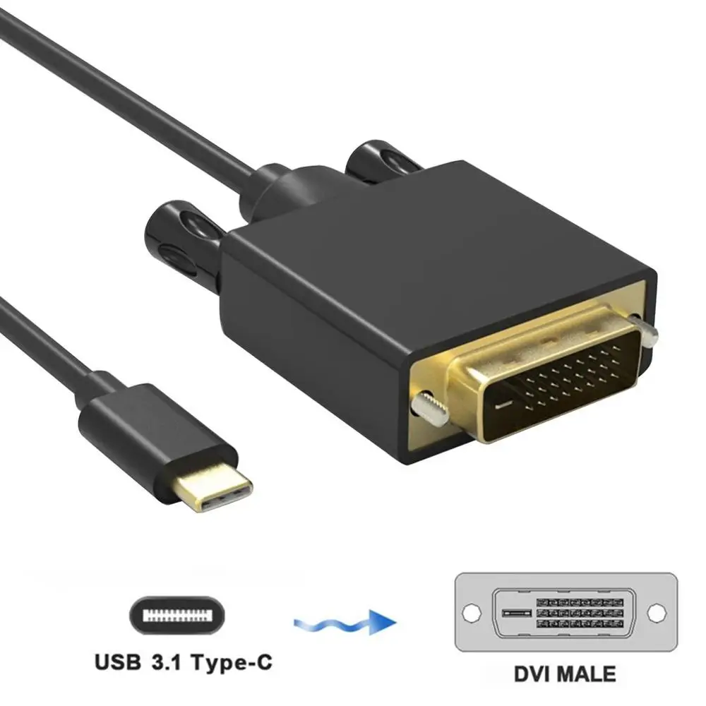 1080 Type-C to DVI Cable Adapter USB-C to DVI Converter Type C to DVI-D 24+ 1 Video 1080P 10Gbps, 1.8M Length, Black