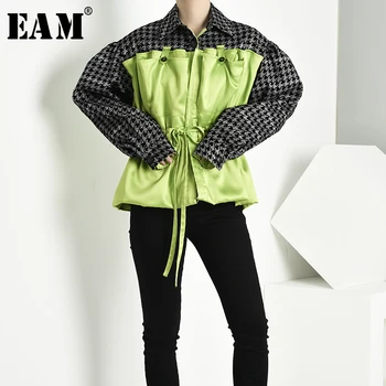

[EAM] Loose Fit Plaid Drawstring Split Big Size Jacket New Lapel Long Sleeve Women Coat Fashion Tide Spring Autumn 2020 1B7350