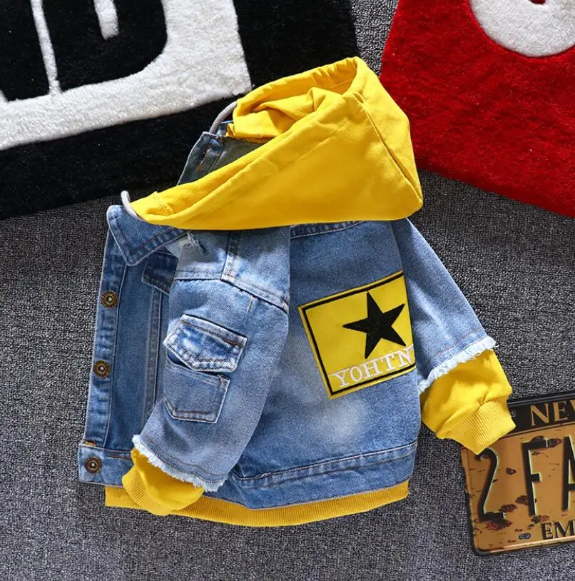 Outono com Capuz Esportivas para 1-6 Menino Menina Denim Jaquetas Crianças Moda Cabolsa Splice Outerwear Roupas Primavera t 6 crianças splice outerwear roupas primavera outono com