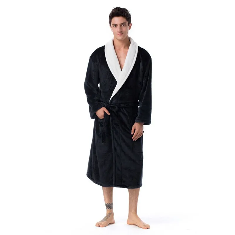 Men Casual Kimono Bathrobe Autumn Winter Flannel Long Robe Thick Warm Sleepwear Plus Size Nightgown Male Casual Home Wear
