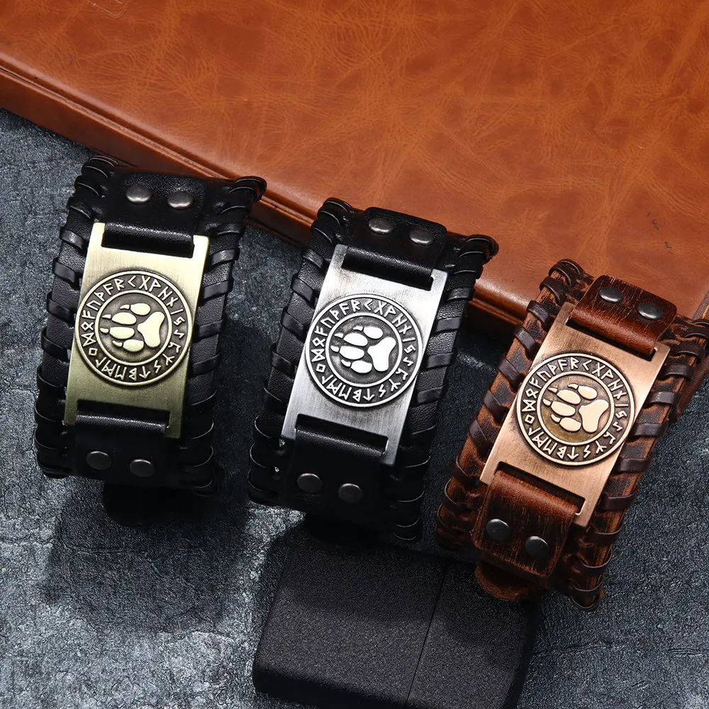 3 Color Vintage Bear Prints Charm Bracelets for Men Handmade Braid Leather Bracelets Fashion Punk Rock Style Jewelry