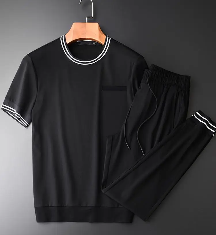 

Summer Men (T-SHIRTS+PANTS) Luxury Contrast Color Rib Short Sleeve Male Soft Comfortable Mans Sets With Pants