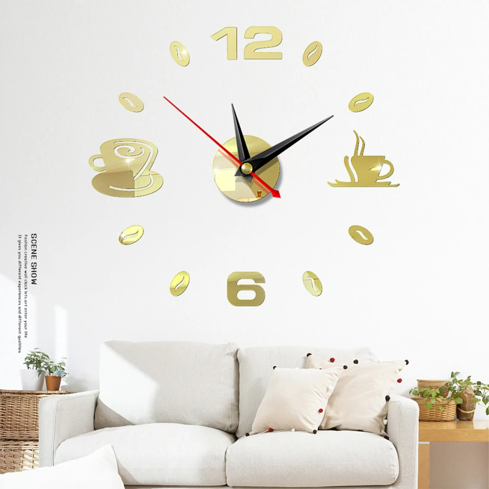 Acrylic Mirror Sticker DIY 3D Number Wall Clock Home Self Adhesive Waterproof Art Design DIY Coffee Cups Decor Office Decor