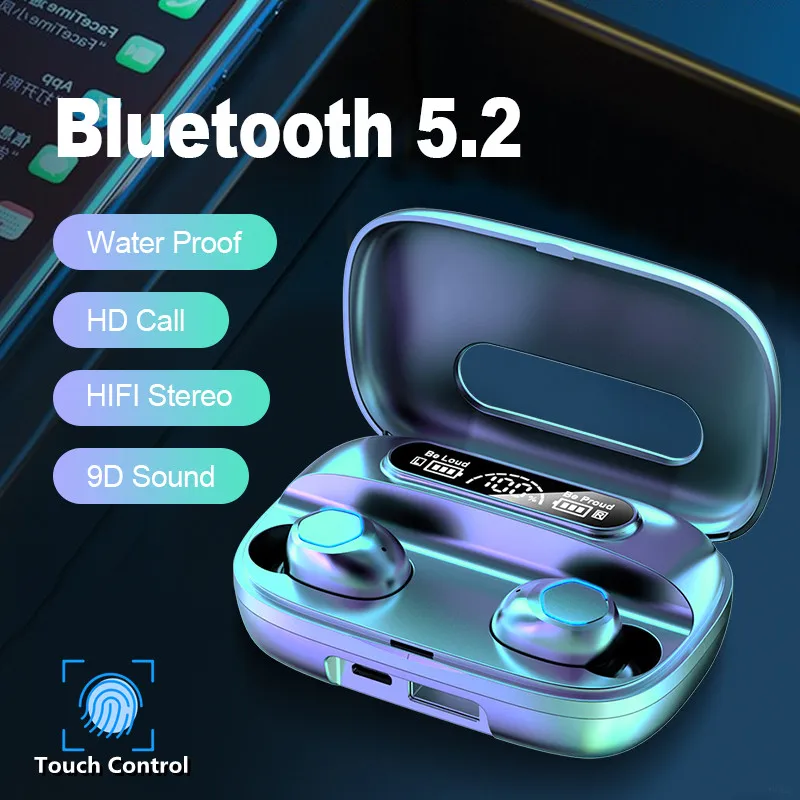 TWS Bluetooth 5 2 наушники с зарядным устройством беспроводные 9D стерео спортивные