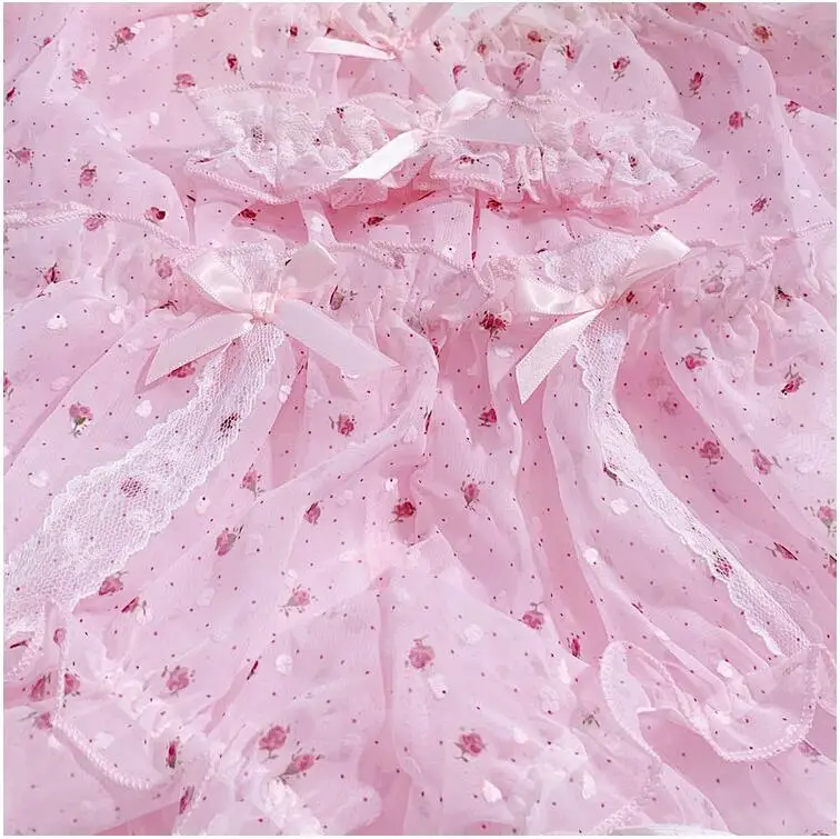 Милая домашняя одежда в стиле Лолиты, розовая пижама для женщин, сексуальное женское белье, пижама, пижамный комплект, ночная рубашка, шорты, шифон, цветочный принт, одежда для сна
