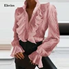 Summer Ruffle Button Chiffon Blouse Spring Elegant Flare Sleeve Women Tops Blusa Office Lady Sexy V-Neck Pleated Blouse Shirt XL ► Photo 1/6