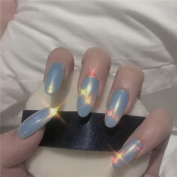 

24pcs European Finished Fake Nails Middle Long Round Blue Mirror Reflective False Nails Girl Nail Accessories Nail Art Tips