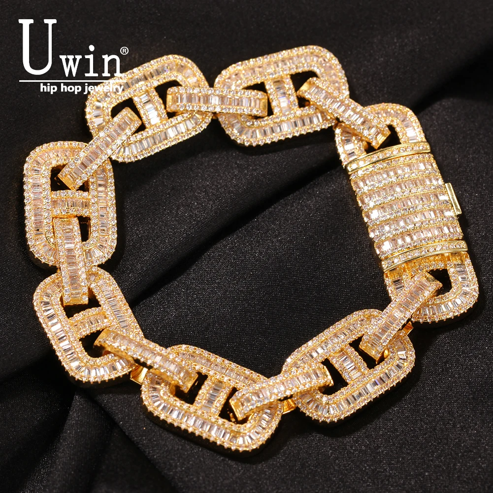 

Uwin Baguette CZ Bracelets Miami 15mm Cuban Link Mens Bangles Iced Out Gold Silver Color Luxury Box Clasp Drop Shipping