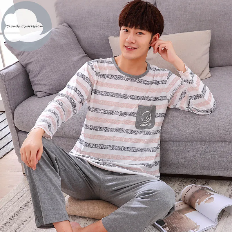 pyjama homme Autumn Winter Long Men's Cotton Pajamas Letter Striped Sleepwear Cartoon Pajama Sets Casual Men Pyjamas Plus Size 4XL Pijama mens silk pajamas