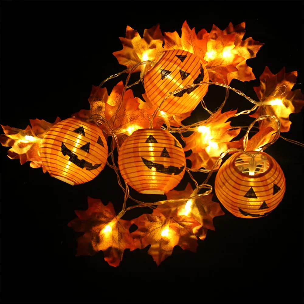 

1.5/2m Battery Operated LED Lights String Halloween Pumpkin Lantern Maple Leaf Lamp For Home Thanksgiving Christmas Decoration