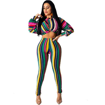 

Women Striped Casual Two Piece Set Tracksuit Autumn Winter Crop Top and Pants Set Sweat Suit Bodycon 2 Piece Outfits for Women