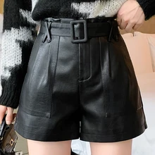 Nova queda feminina chique moda com cinto de couro falso shorts outono inverno vitnage cintura alta zíper voar bolsos calções femininos 2021