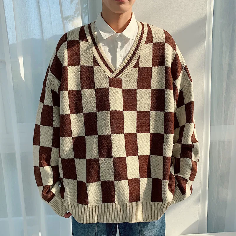 Autumn Plaid Sweater Men Warm Fashion Contrast Casual V-neck Knit Sweter Clothes Man Streetwear Wild Long Sleeve Pullover Men