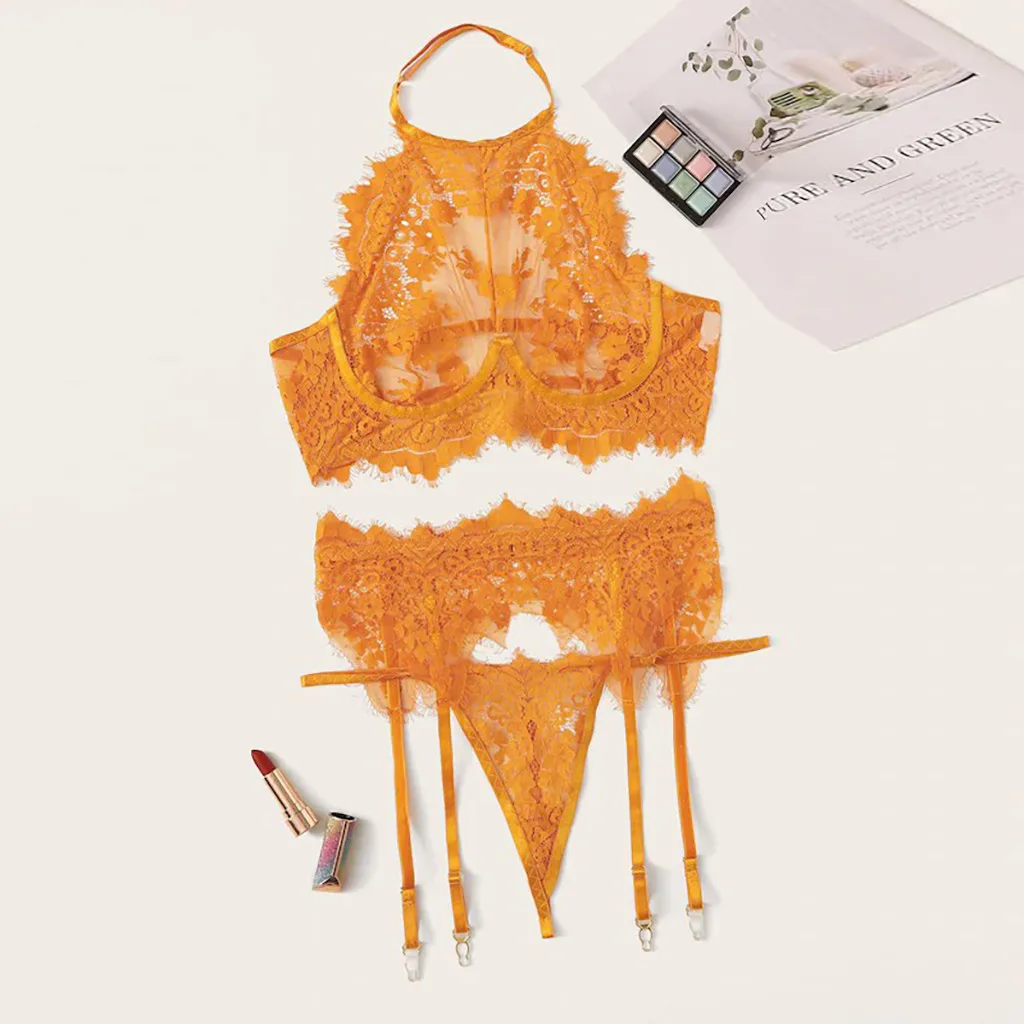 

Unique Sexy Women's Bra Set Exquisite Lace Lingerie Bra+Garter+G-String Orange Polyester Intimates Set Babydoll Bra Panty Set