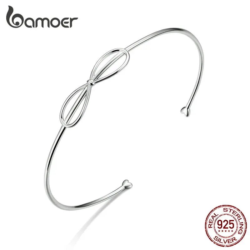 

bamoer Sterling Silver 925 Minimalist Simple Bowknot Open Bangles for Women Luxury Fine Jewelry Bijoux 2019 New SCB167