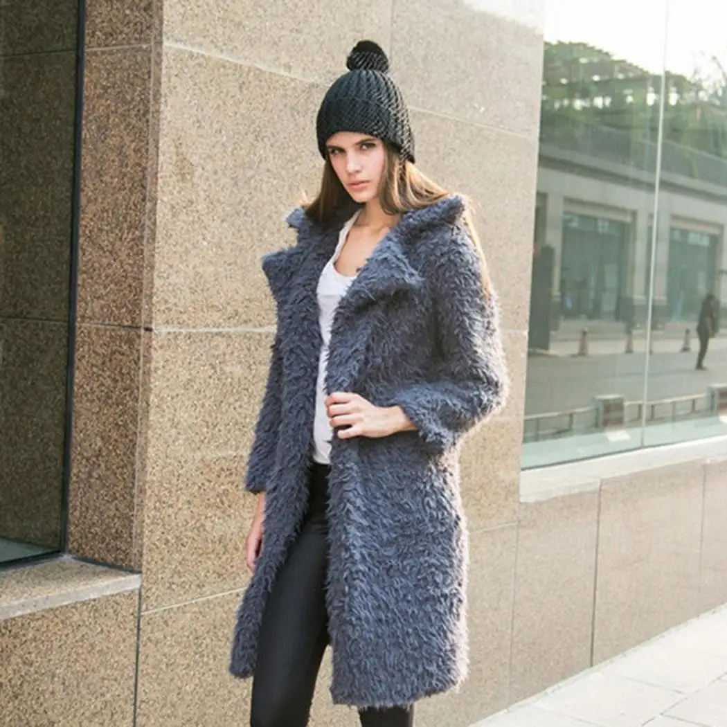 Women Casual Turn Down Collar Long Buttons Patchwork Above Knee Solid Sleeve Fuzzy Long Cotton Coat