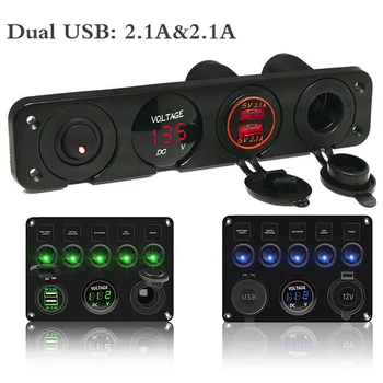 LED Rocker Switch Panel With Digital Voltmeter Dual USB Port 12V Outlet Combination Waterproof Switches For Car Marine Boat