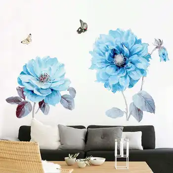 

KIWARM Blue Flowers Wall Sticker Room Sticker Living Room Background Bedroom Decorations Wall paper Painting Bedroom Embossed