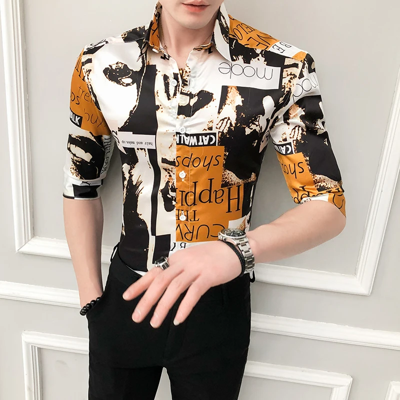 

British Style Digital Print Shirt Men 2020 Spring Summer Half Sleeve Mens Casual Shirts Slim Fit Streetwear Party/Prom Tuxedo