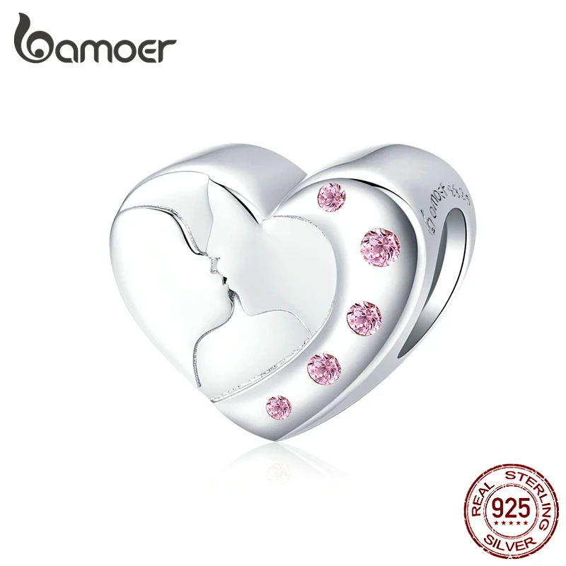 

bamoer Silver 925 Jewelry Love Kisss Heart-shape Charm for Women Jewelry Making Original Silver Bracelet DIY Accessories BSC182